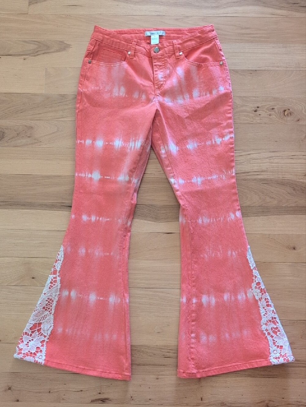 Gemma + Jane Coral Tie-Dye Boho Lace Trim Bell Botom Jeans